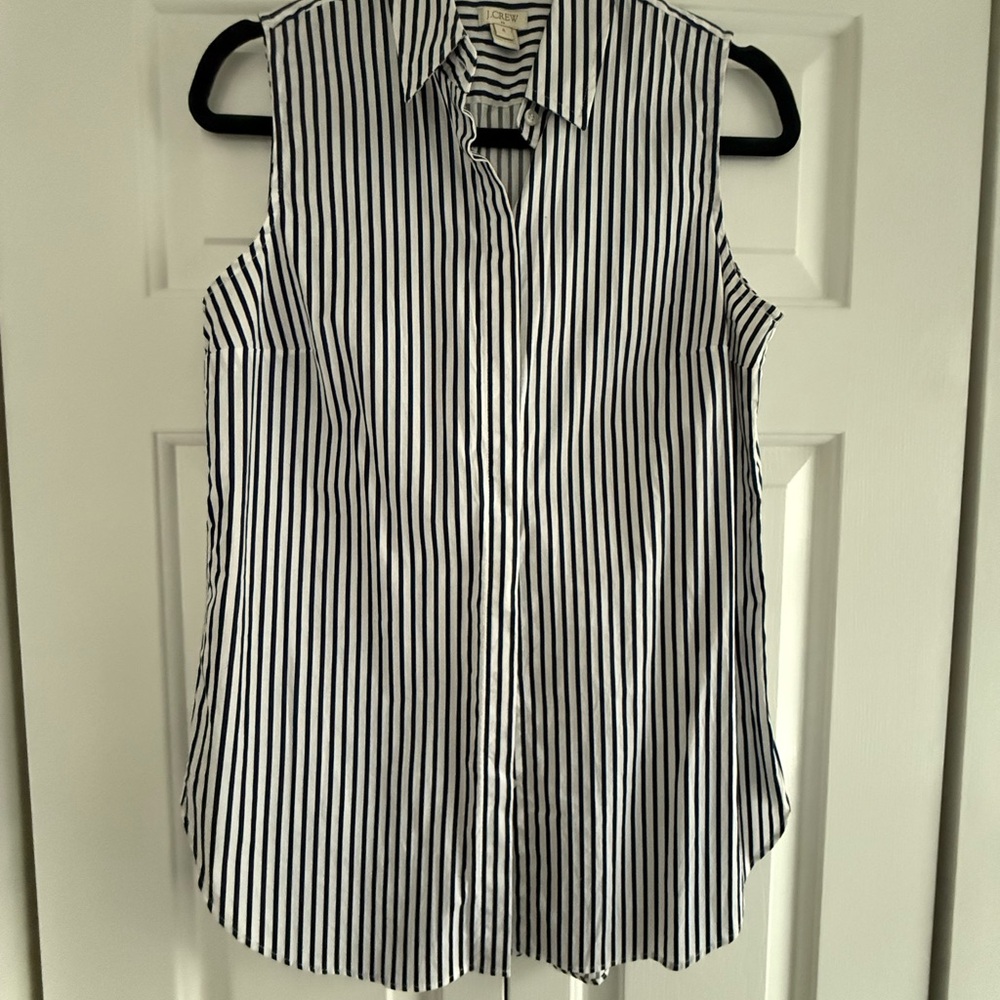 J. Crew Factory Navy Blue and White Sleeveless Button Down Shirt